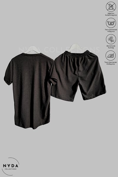 Nyda Collections Bürümcük Set Lycra Crinkle Fabric Summer Lycra Crew Neck Short Sleeve T-Shirt Black Shorts Set