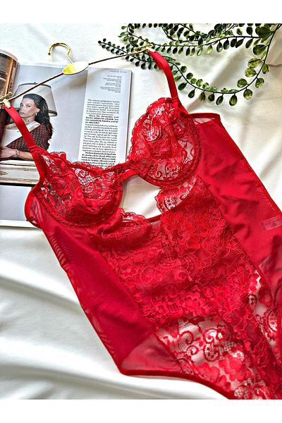 La Linaa Elanor Red Snap Fastener Δαντελένιο Διαφανές Ολόσωμο Σουτιέν