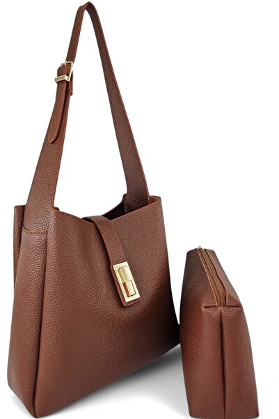 Evident Soft Textured Women's Shoulder Bag with Tan Lock Detailed Puppy Bag
