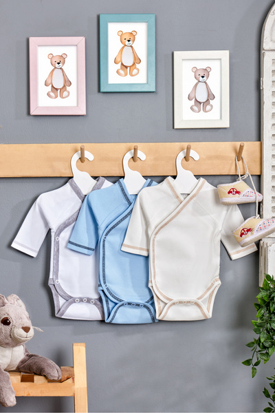 BebeSoft 3’lü Bebek Zıbın Seti – %100 Pamuk, Yandan Çıtçıtlı