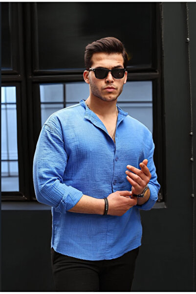 Valiberta Ελαφρύ και αναπνεύσιμο ανδρικό πουκάμισο μουσελίνας με μισό πέτο με γιακά Oversize - Μπλε Παρλέμεντ