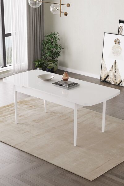 asaella mobilya Fiona 80x132 Mdf Beyaz Masa Metal Ayaklı Açılabilir Üst Kalite Mutfak Masası