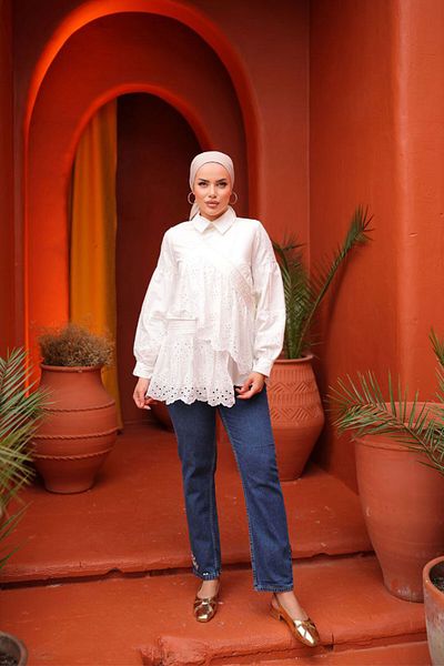 giyze Floor Detailed Lace Shirt White 1422