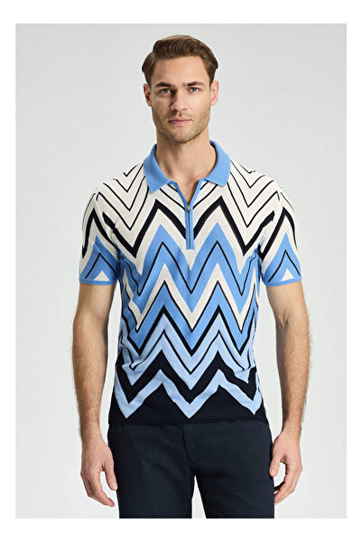 Hemington Zigzag Desenli Beyaz-Mavi Giza Pamuk Triko Polo