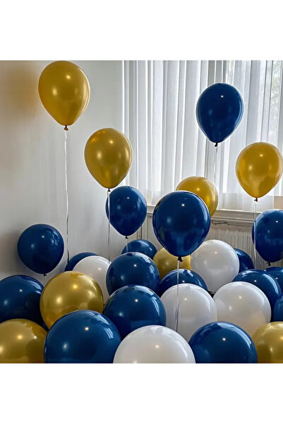 Çemrek Süs Parti حزمة بالونات باللون الذهبي المعدني والأزرق الداكن والأبيض مك...