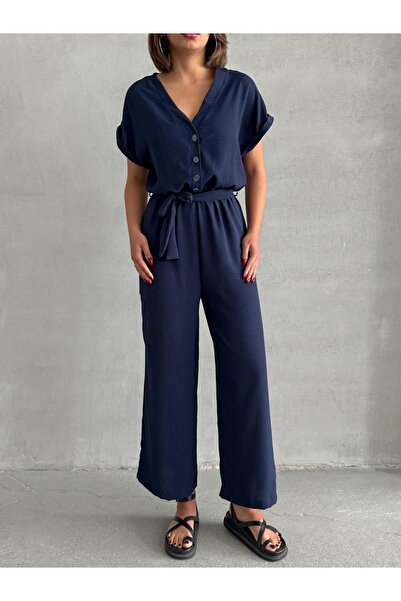 BEJNA Women's Navy Blue Button Detailed Belted Jumpsuit
