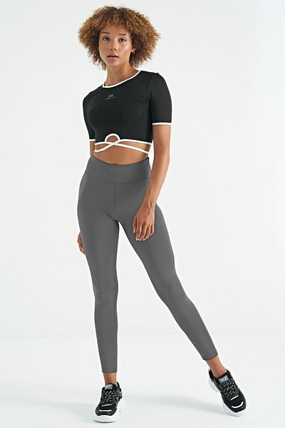 TOMMY LIFE Dark Gray Logo Print Detailed High Waist Diving Fabric Slim Fit Women's Leggings - 94627