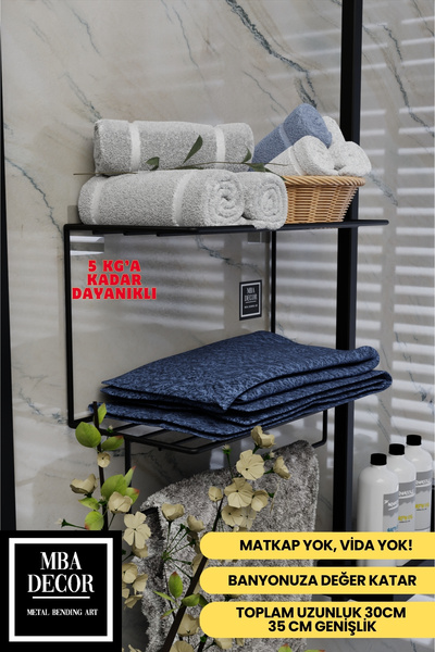 mba decor metal bending art Siyah Metal Yapışkanlı 2 Katlı Banyo Rafı | Havlu...
