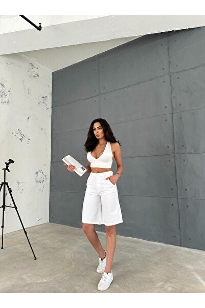 Zeo Basic WHİTE DENİM CEP DETAYLI BERMUDA ŞORT