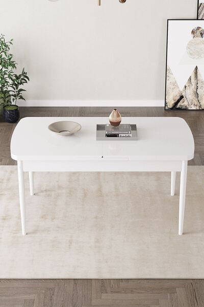 asaella mobilya Fiona 80x132 Mdf Beyaz Masa Metal Ayaklı Açılabilir Üst Kalite Mutfak Masası