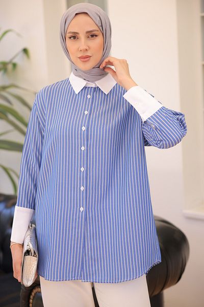 giyze Striped Cuff Detailed Shirt Indigo 715