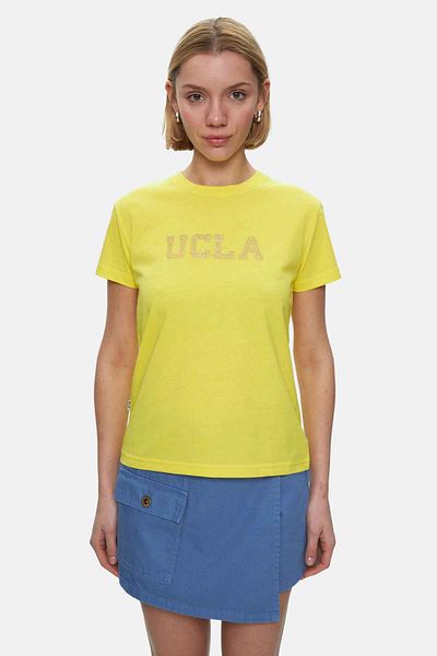 UCLA Tricou pentru femei Isolde, galben deschis, cu decolteu, cu imprimeu argintiu, cu potrivire standard