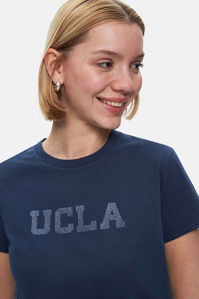 UCLA Tricou pentru femei Isolde bleumarin cu decolteu rotund cu imprimeu argintiu
