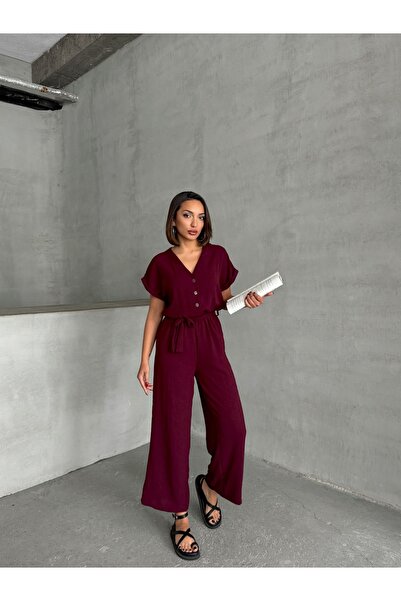 BEJNA Women's Burgundy Button Detailed Belted Jumpsuit