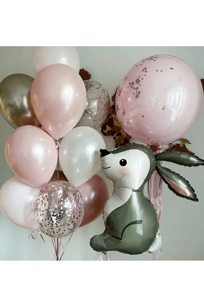 Çemrek Süs Parti Pink Balloon Bundle Set with Rabbit Foil Balloons 12 Pieces
