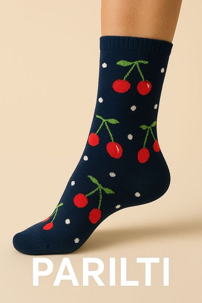 BS Parıltı Navy Blue Red Cherry Patterned Cotton Socks Set (3 Pieces)