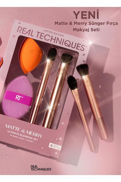 Real Techniques Matte & Merry Makeup Brush, Sponge Set and Facial Cold Massage Tools Set
