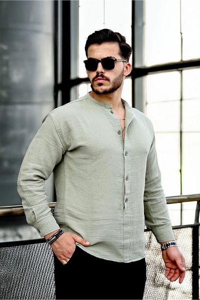 Valiberta Light and Breathable Men's Muslin Half Placket High Collar Oversize Shirt - Light Khaki