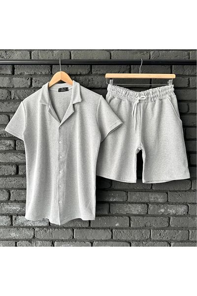 DAPHN New Season Men's Relaxed Fit Loose Gray Shirt & Shorts Set Double Combination Set