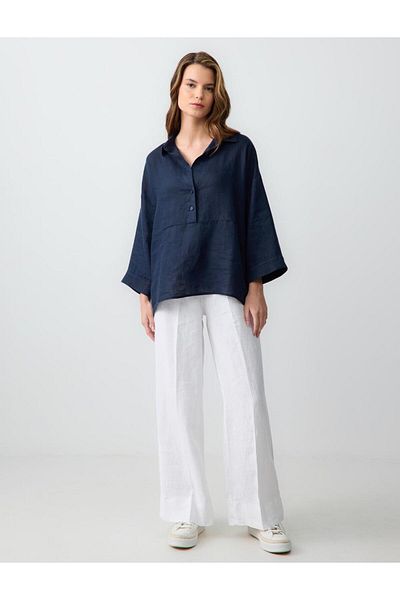 Jimmy Key White Relaxed Cut High Waist Loose Wide Leg Lace up Linen Trousers