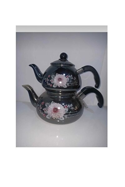 abnturk Büyük Boy Lüks Emaye Çiçek Desenli Çaydanlık Seti