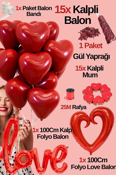 Baloncu Dede 15 Red Heart Balloon Set Love and Big Heart Foil Balloon 15 Heart Candle Helium Compatible Lover