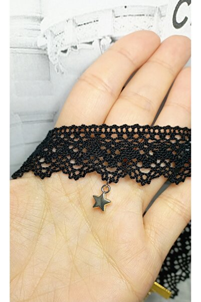 BNGaksesuar Siyah Dantel Gotik Yıldızlı Tasma Choker Kolye