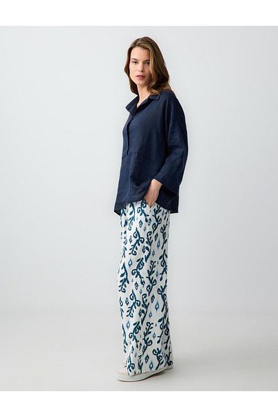 Jimmy Key Green High Waist Wide Leg Relaxed Cut Patterned Linen Trousers