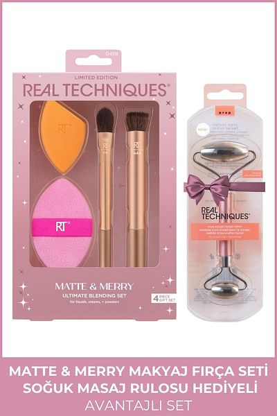 Real Techniques Matte & Merry Makeup Brush, Sponge Set and Facial Cold Massage Tools Set