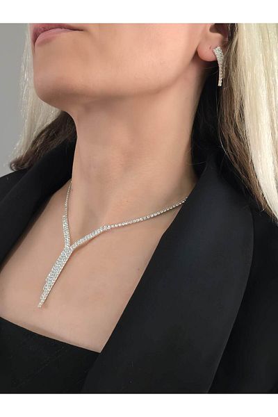 Eva Takı Store Crystal Stone Waterway Pendant Model New Year - Evening Dress - Wedding - Event Necklace Earring Set