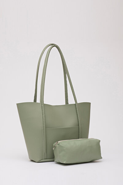 SHAKA Mint Green Shk80 Faux Leather Large Size Arm and Shoulder Bag with Front Pocket and Snap Fastener Makeup Bag U:26 E:40