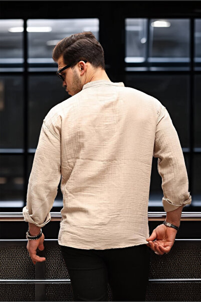 Valiberta Ελαφρύ και αναπνεύσιμο ανδρικό πουκάμισο μουσελίνας με μισό πέτο με γιακά Oversize - Ανοιχτό μπεζ