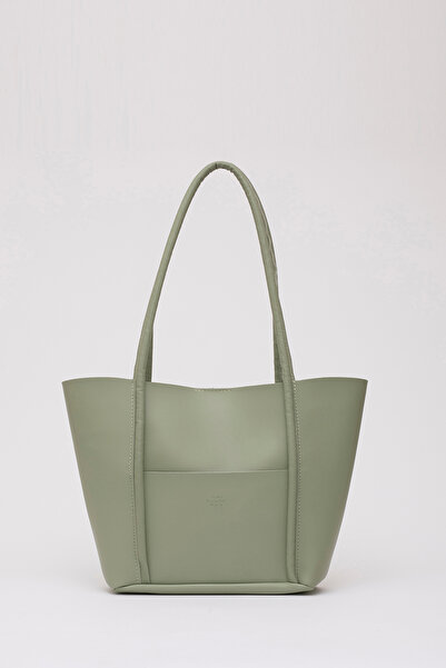 SHAKA Mint Green Shk80 Faux Leather Large Size Arm and Shoulder Bag with Front Pocket and Snap Fastener Makeup Bag U:26 E:40