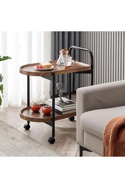 co arma AW16317-1 Two-Tier Brown Wood Wheeled Serving Trolley