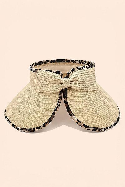 BAHELS Imported Beige Leopard Bow Folding Sunscreen Straw Visor Hat