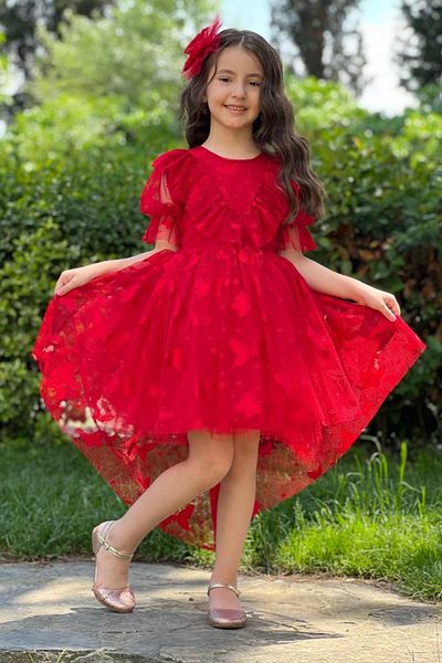 ABİYEKİDS Butterfly Patterned Tailed Red Children's Evening Dress Aby4523