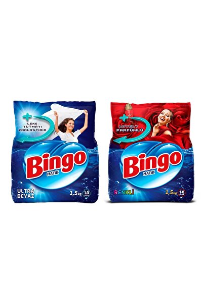 Bingo Matik Ultra Beyaz 1,5 kg + Renkliler 1,5 kg Toz Deterjan 2 li Set