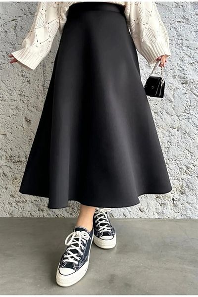 lumuteks Γυναικεία Μαύρη Scuba Puff Υφασμάτινη Μανίκια Hijab και Casual Φούστα
