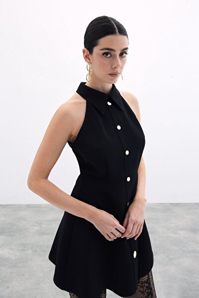 Sateen Çıt Çıtlı Kısa Elbise - Siyah