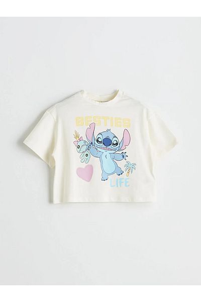 LC Waikiki Lcw Kids Ecru Crew Neck Stitch Printed Girls' Crop T-Shirt
