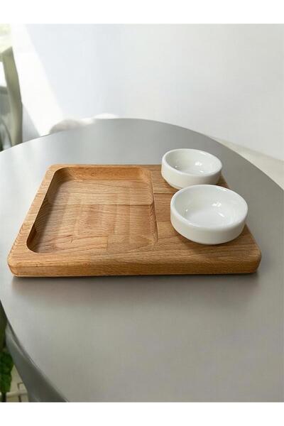 Home 2'li Porselen Kaseli Bambu Sunum Tabağı,Ahşap Sunum Tabağı,Sosluk