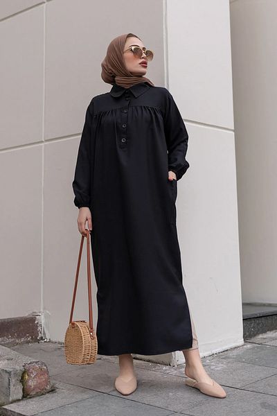 giyze Full Length Tunic with Side Slits Robe Black 8222