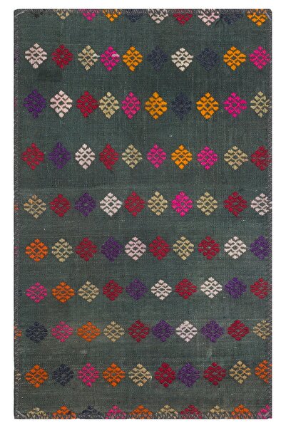 Grandhedefhalı GERÇEK EL DOKUMA ÇİÇEKLİ DESEN YEŞİL KİLİM PASPAS