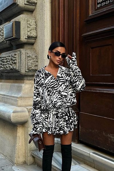 NEW JOURNAL Women's Zebra Print Hem Dress with Ruffle Hem and Lacing Detail