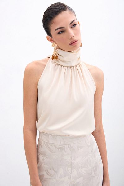 Sateen Turtleneck Tank Top - Beige
