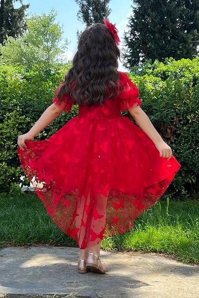 ABİYEKİDS Butterfly Patterned Tailed Red Children's Evening Dress Aby4523