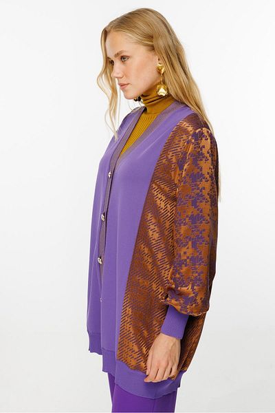 Ghisa Camel Colored Purple Square Pattern Rib Cardigan