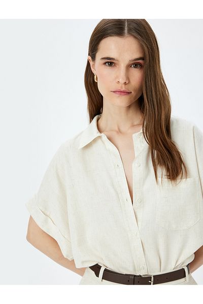Koton Single Pocket Detailed Linen Blend Short Sleeve Shirt