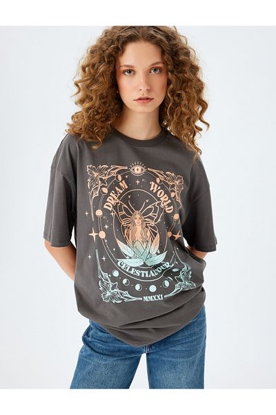 Koton Mystic Printed Short Sleeve Crew Neck Oversize T-Shirt