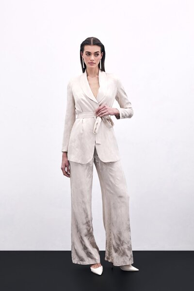 Sateen Jakarlı Bol Paça Pantolon - Bej